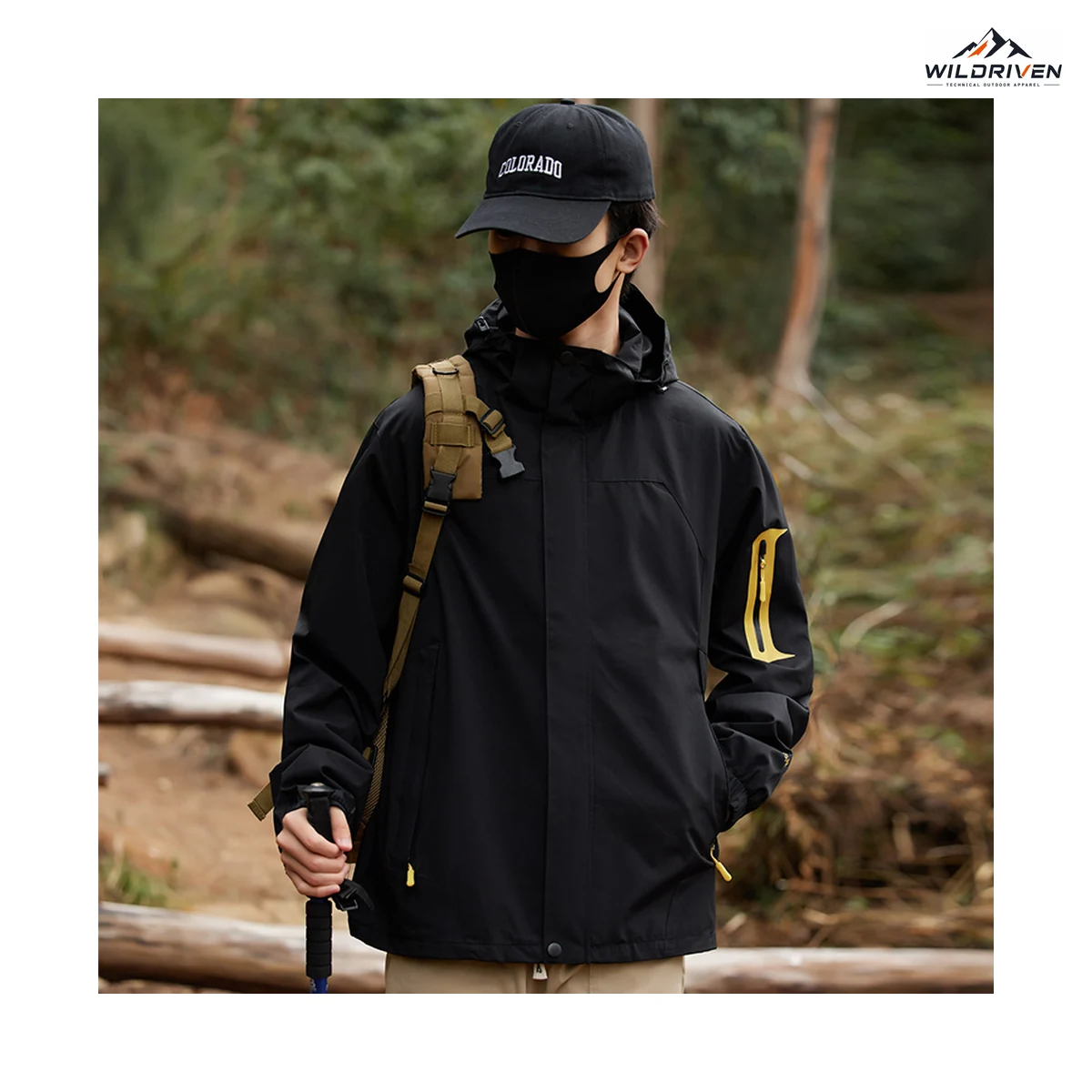 Color-Block Hooded Outdoor Jacket dark color application view for WILDRIVEN OEM and ODM development