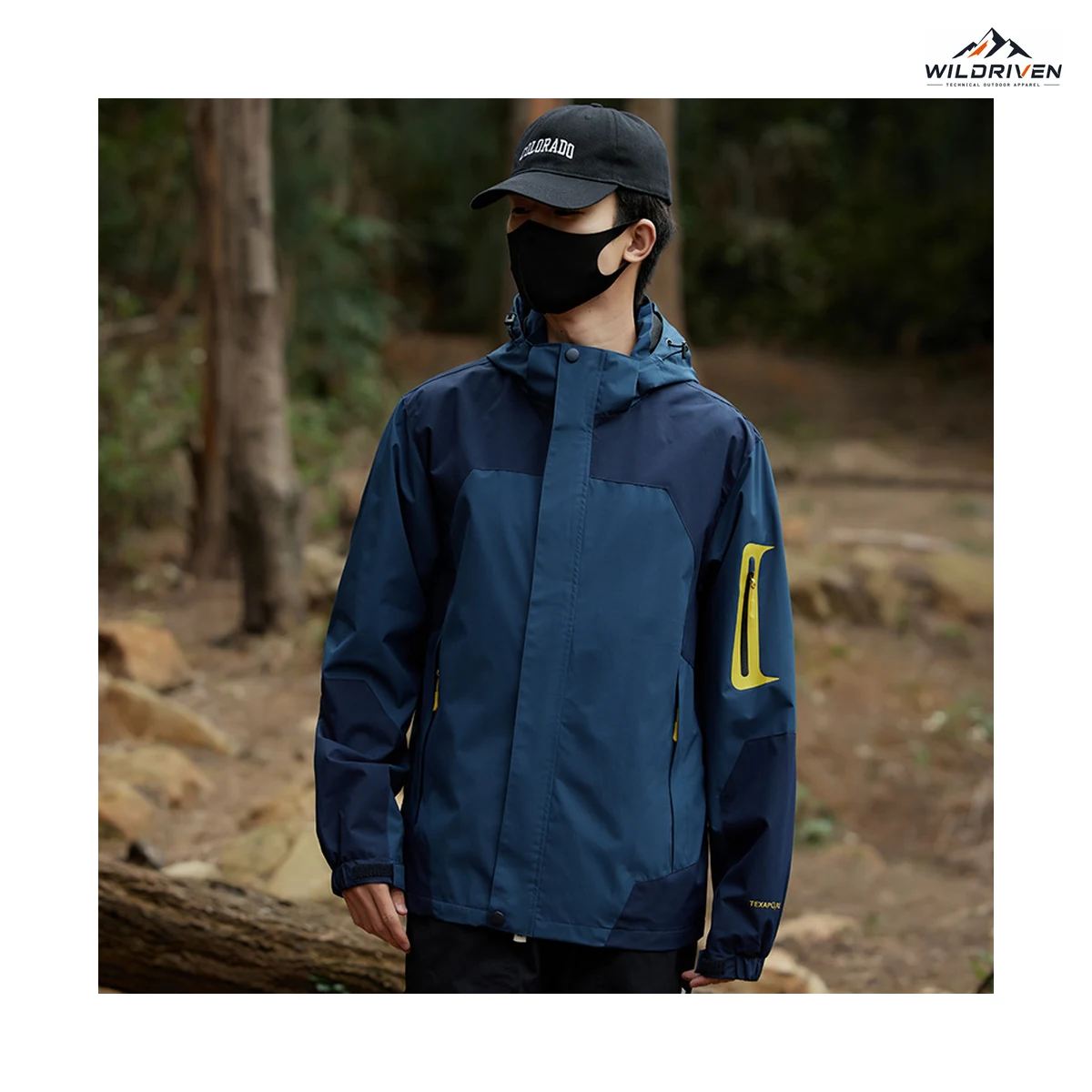 Color-Block Hooded Outdoor Jacket blue color application view for WILDRIVEN OEM and ODM development