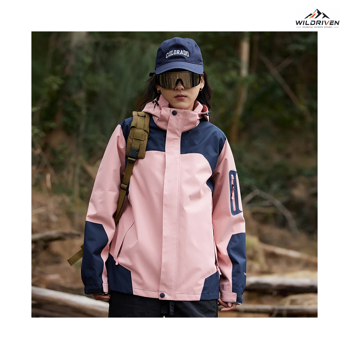 Color-Block Hooded Outdoor Jacket women's color application view for WILDRIVEN OEM and ODM development