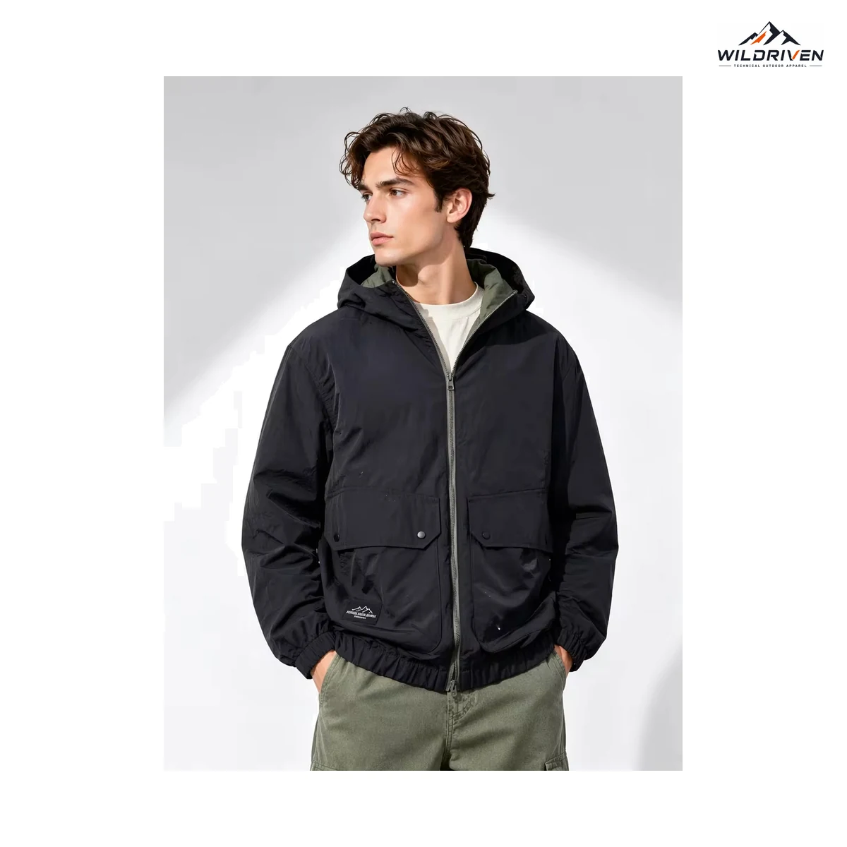 Men's Hooded Outdoor Jacket application or color view for WILDRIVEN OEM and ODM development