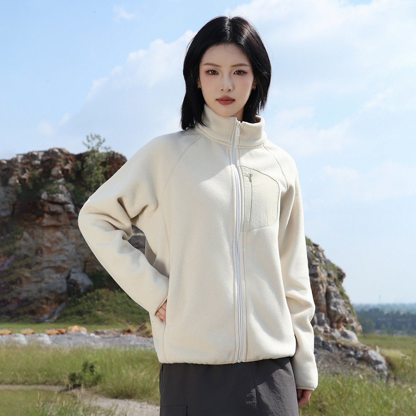 womens outdoor fleece jacket warm beige