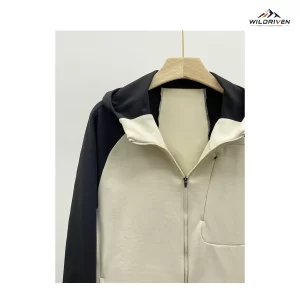 Contrast-Sleeve Hooded Zip Jacket featured front hanging view for WILDRIVEN OEM and ODM development