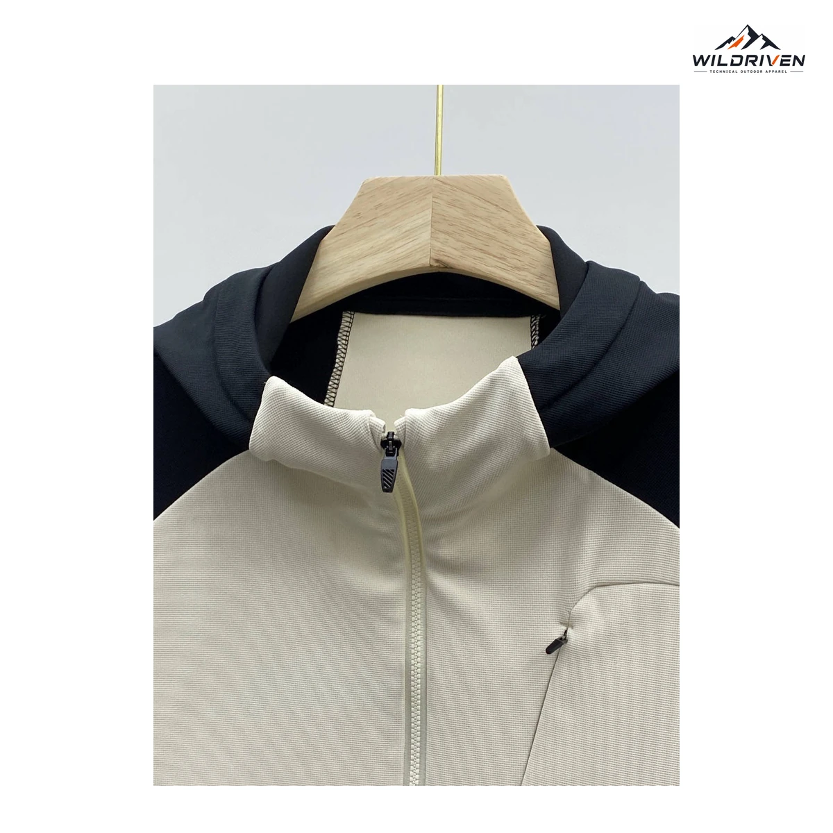 Contrast-Sleeve Hooded Zip Jacket collar and front detail for WILDRIVEN OEM and ODM development