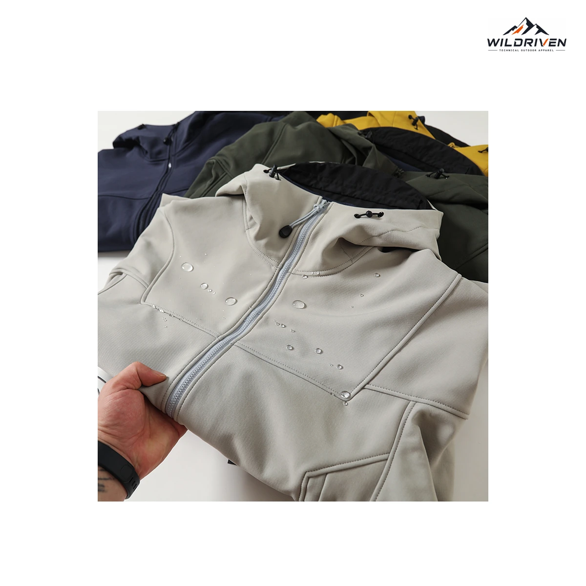 Panel-Seam Hooded Softshell Jacket front panel and surface view for WILDRIVEN OEM and ODM development
