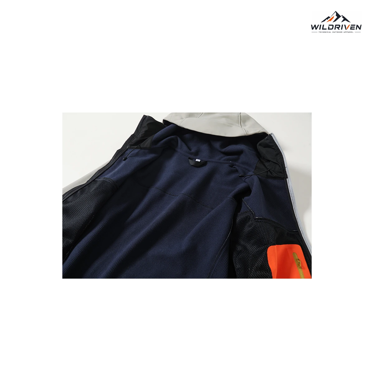 Panel-Seam Hooded Softshell Jacket interior construction view for WILDRIVEN OEM and ODM development