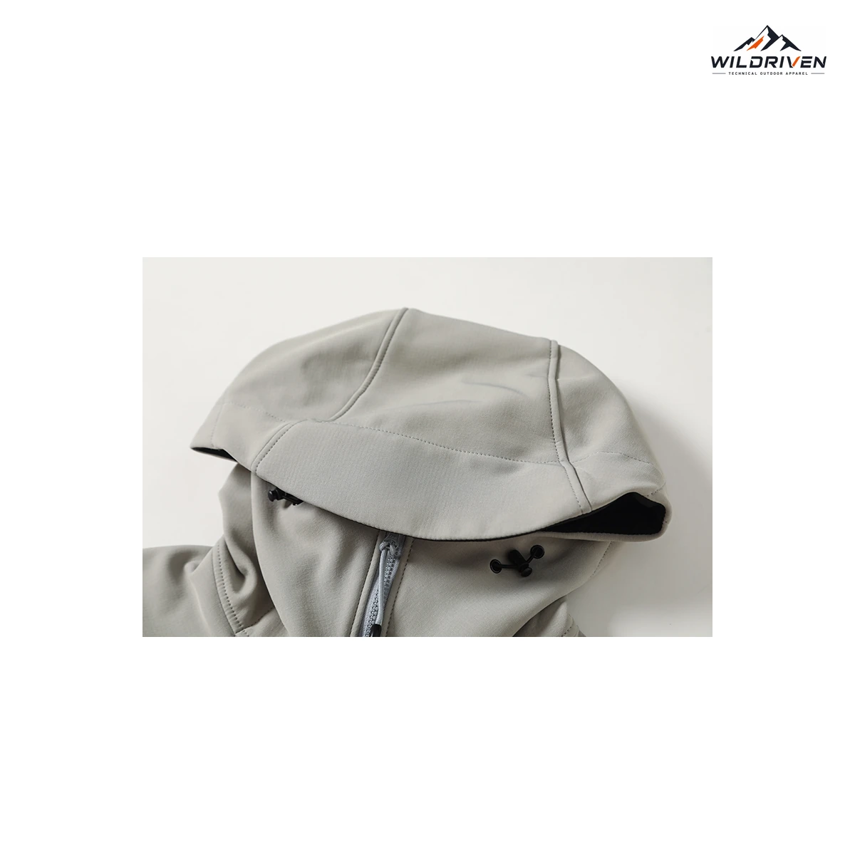Panel-Seam Hooded Softshell Jacket hood construction detail for WILDRIVEN OEM and ODM development