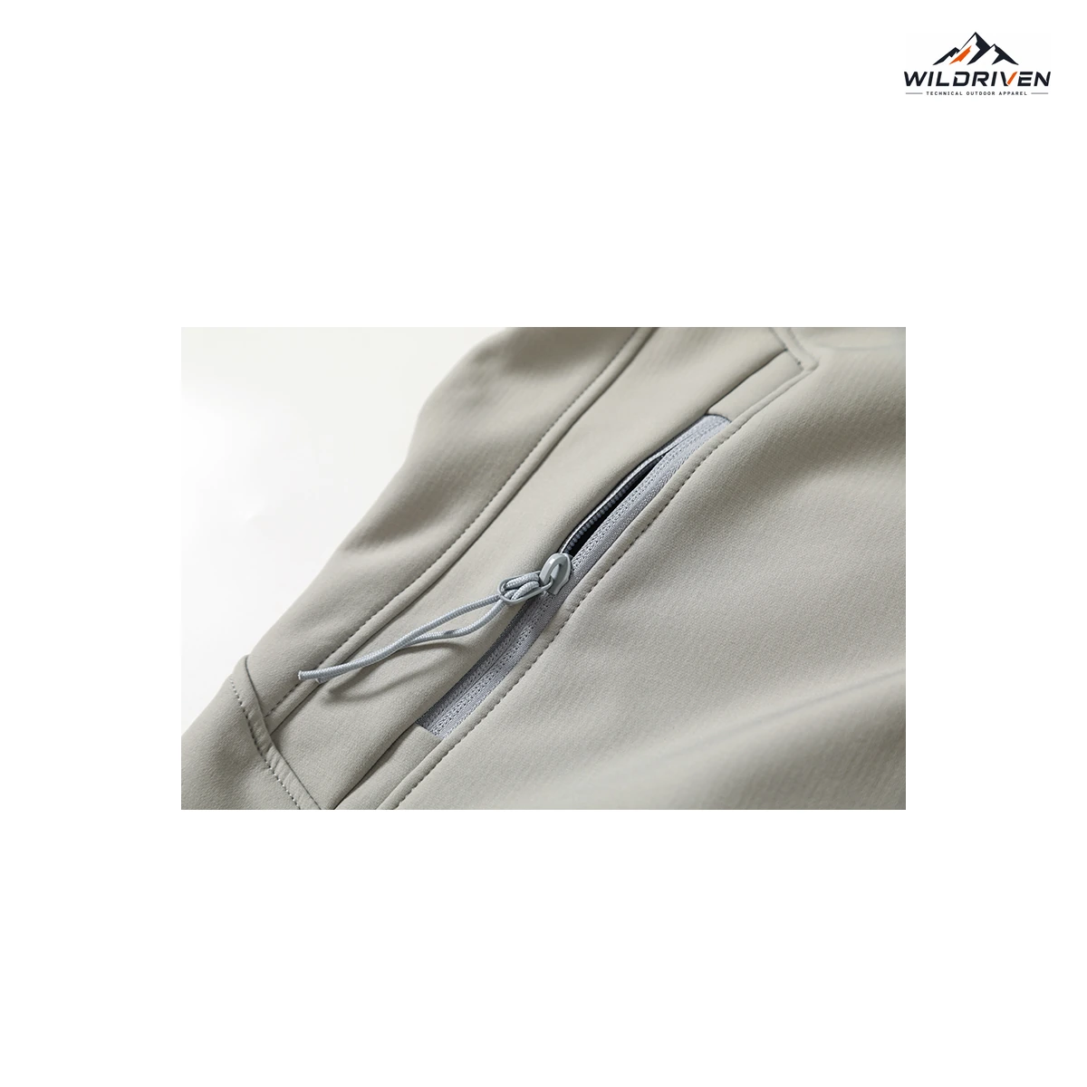 Panel-Seam Hooded Softshell Jacket zip pocket detail for WILDRIVEN OEM and ODM development